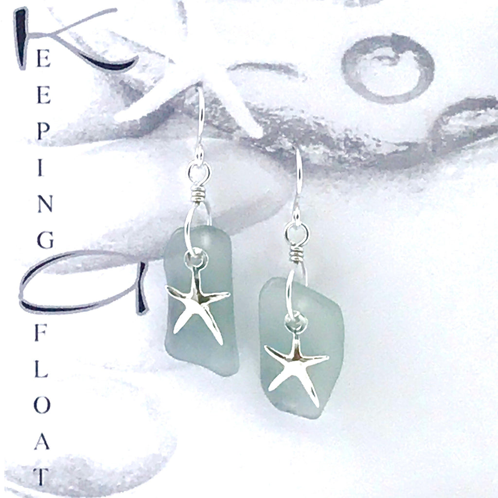 Glass fishing float sea star design earrings, drops 1 3/4 inches
