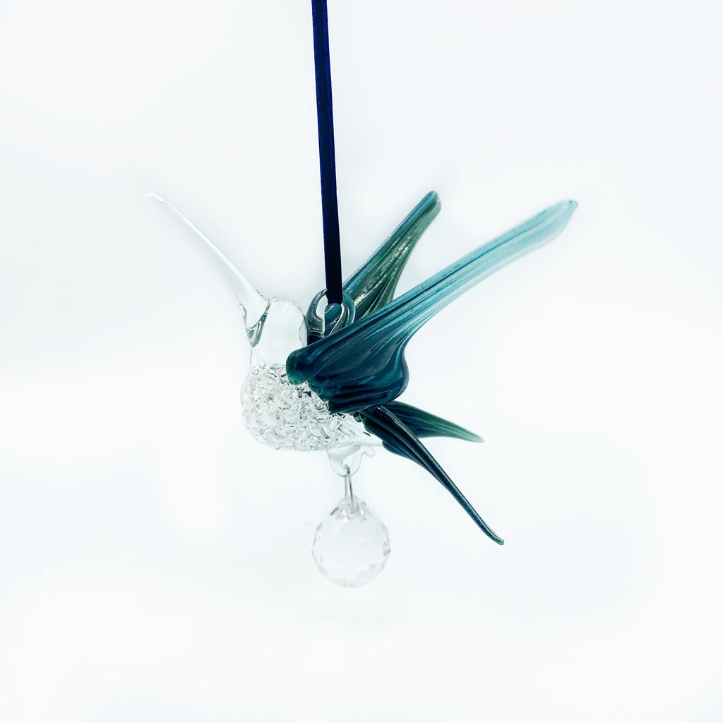 Glass Hummingbird with Large Crystal, Grey Blue