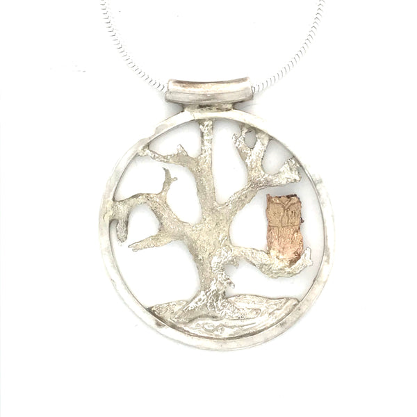 Sterling Silver, Circle Pendant with Gold Owl on Tree Necklace
