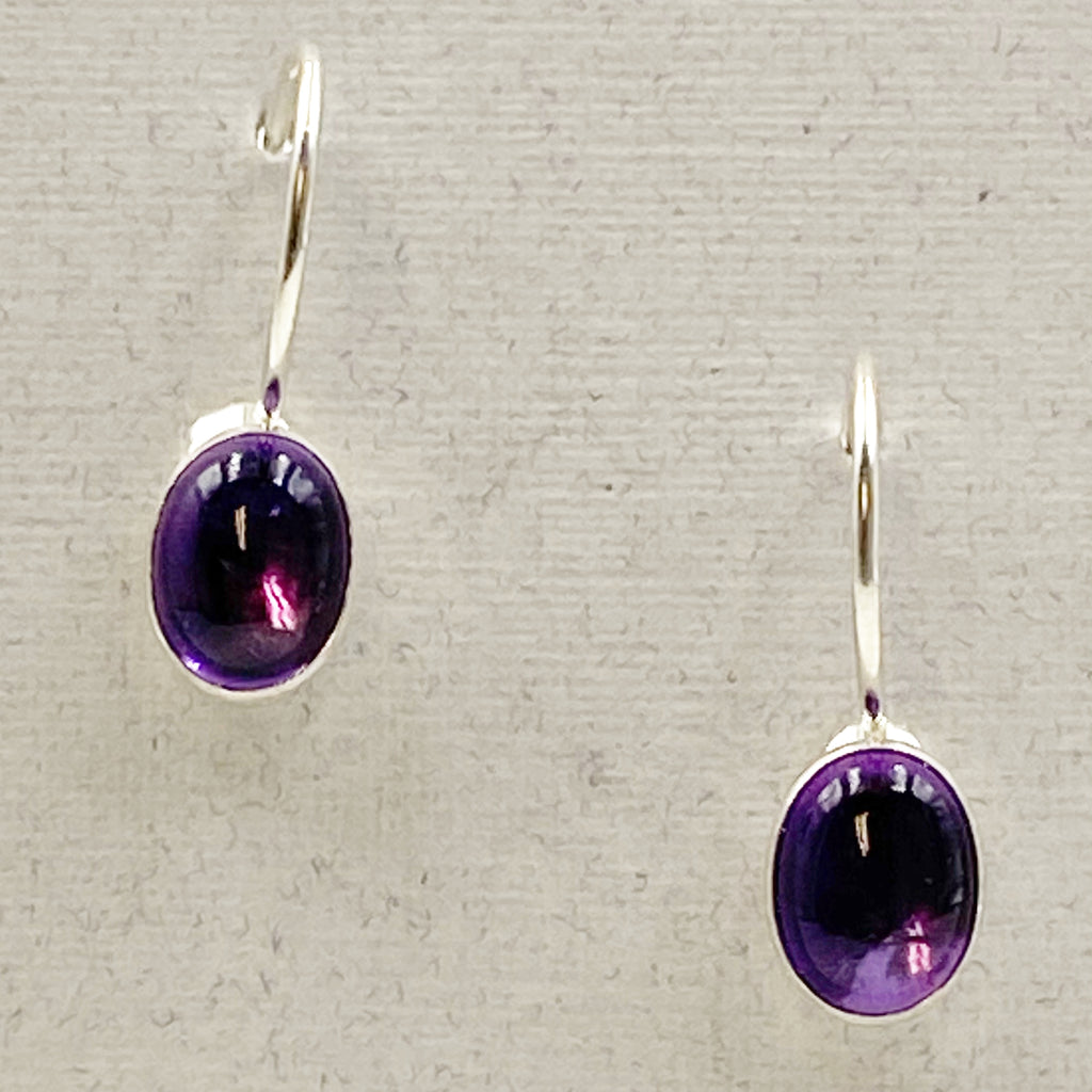 Cabochon Small Oval Gemstone and Sterling Silver Drop Earrings, Amethyst