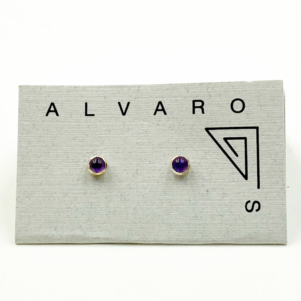 Cabochon Tiny Round Gemstone and Sterling Silver Stud Earrings, Amethyst