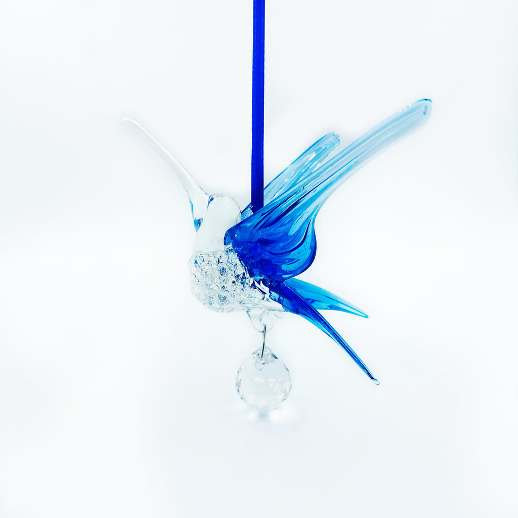 Glass Hummingbird with Large Crystal, Light Blue