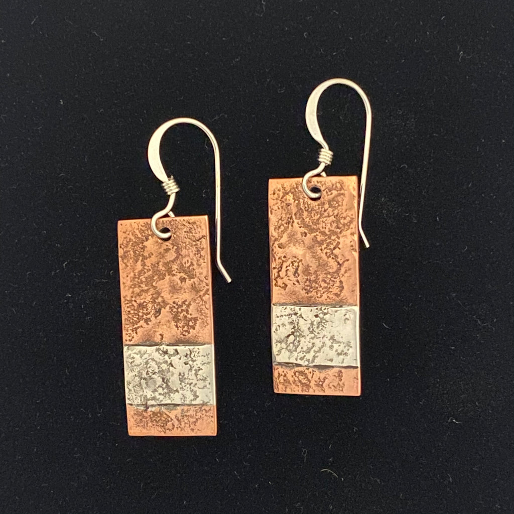 Sterling Silver and Copper Textured Combination Rectangle Earrings