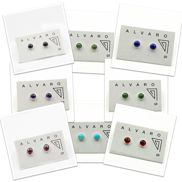 Cabochon Gemstone and Sterling Silver Stud Earrings