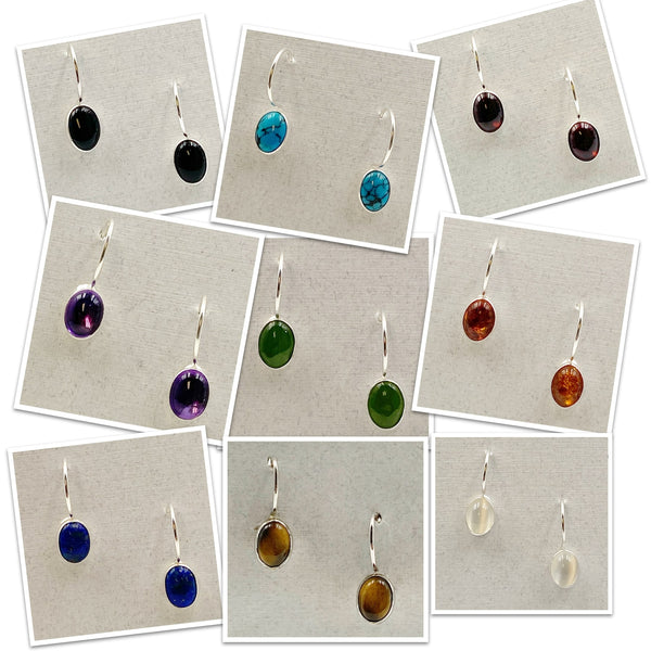 Cabochon Small Oval Gemstone and Sterling Silver Drop Earrings