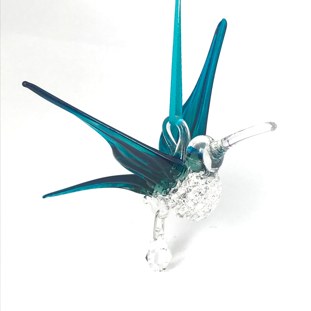 Glass Hummingbird with Small Crystal, Teal