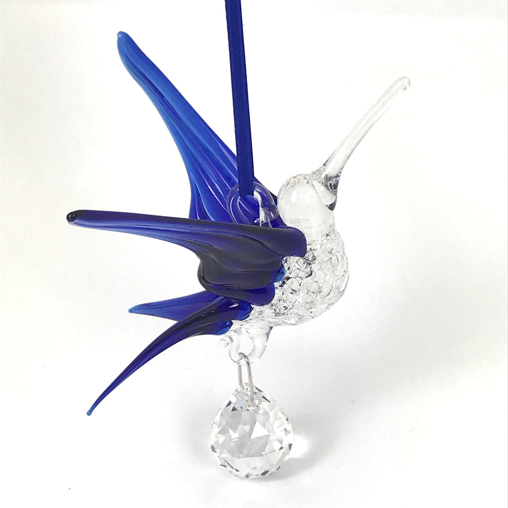 Glass Hummingbird with Large Crystal, Royal Blue