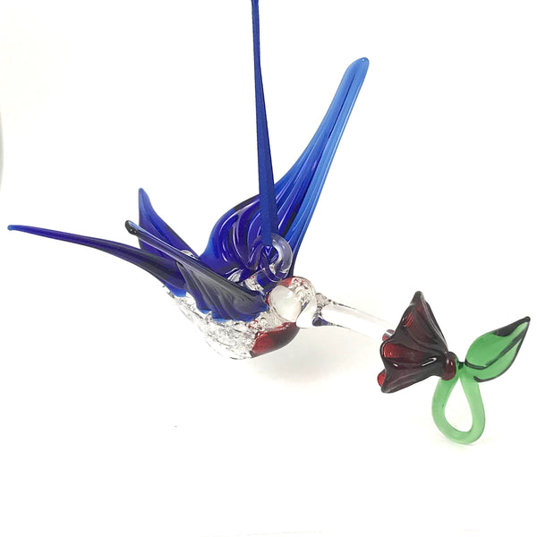 Glass Large hummingbird with flower and royal blue wings