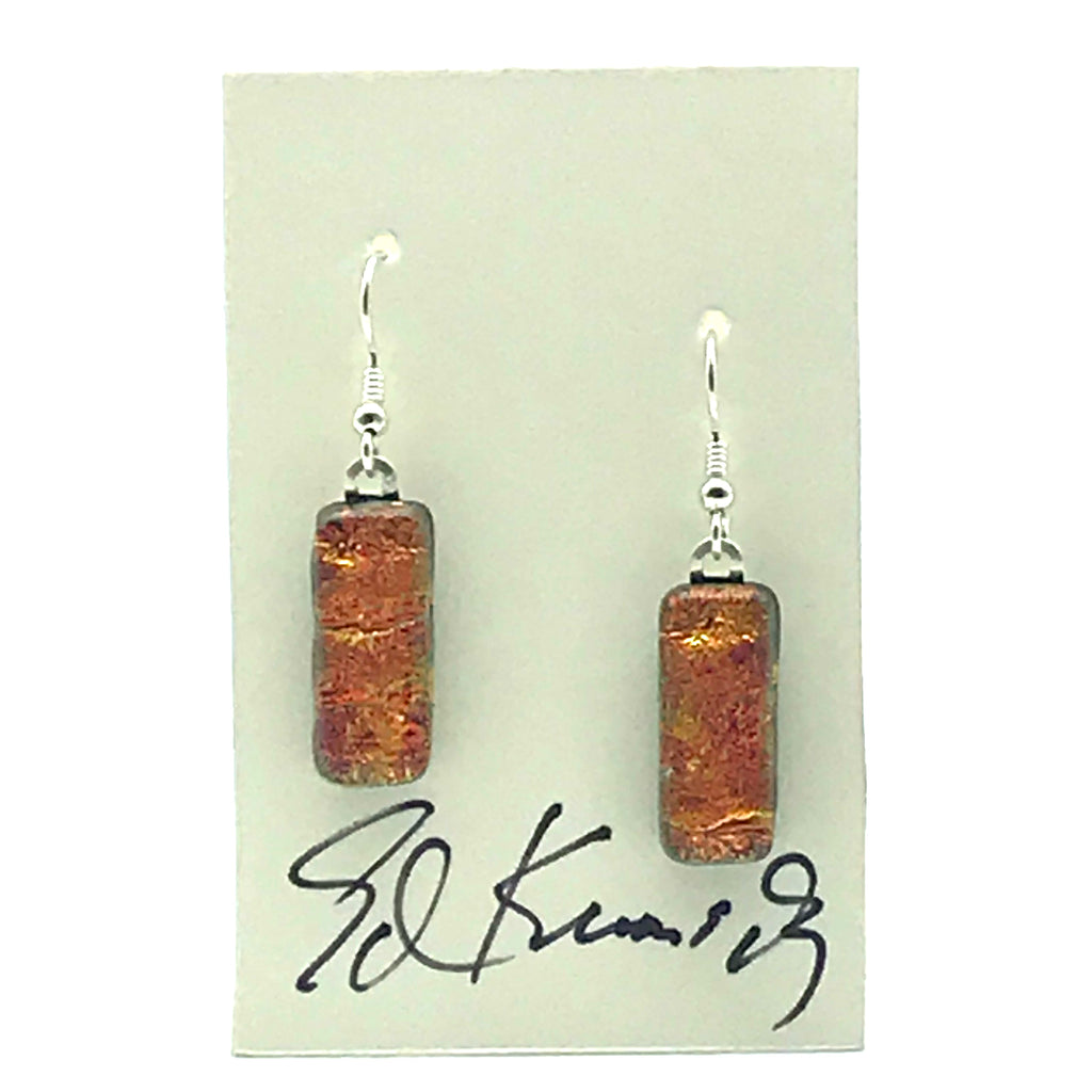 Dichroic Glass Earrings, Rectangular Orange Sparkle - Side Street Studio