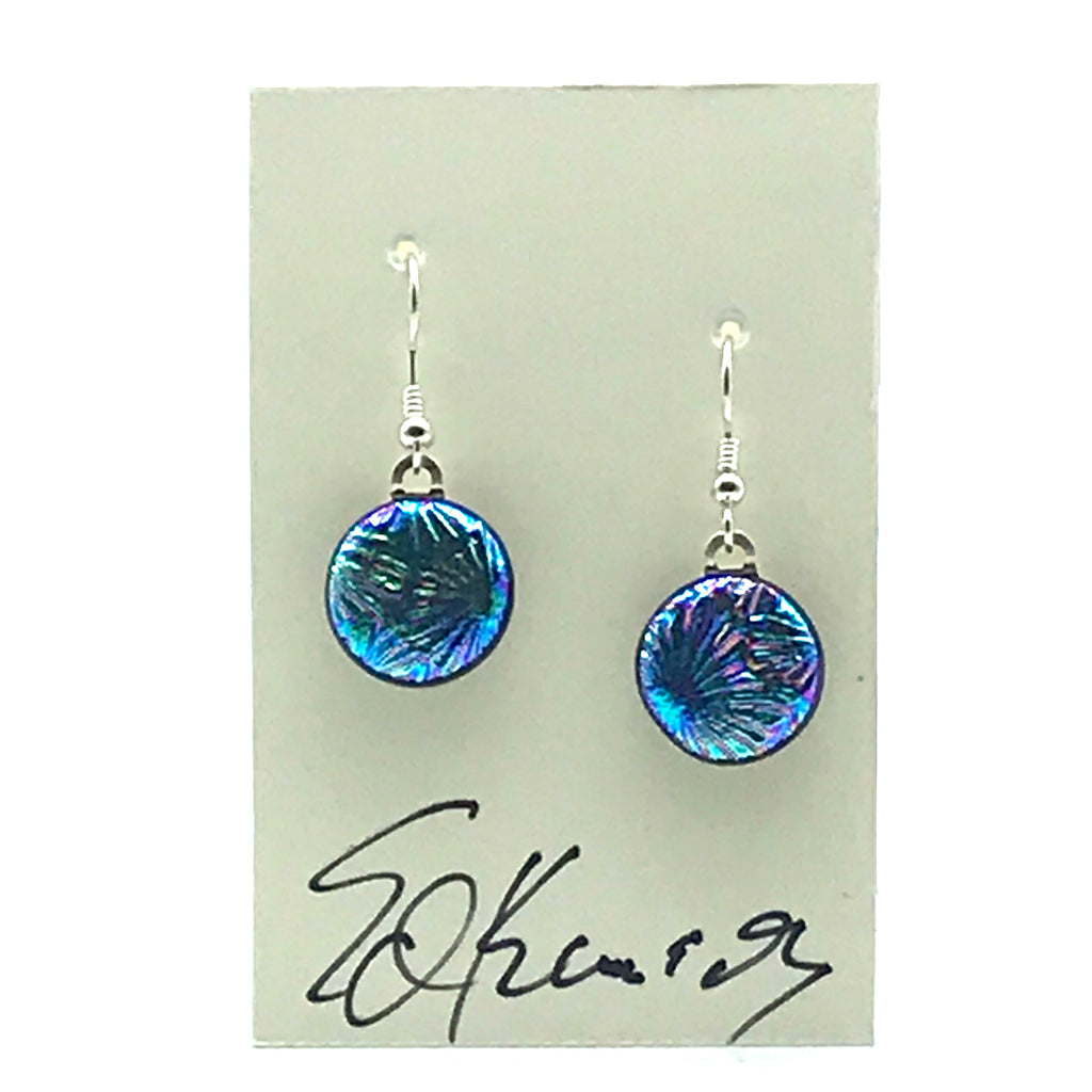Dichroic Glass Earrings, Round Turquoise and Purple - Side Street Studio