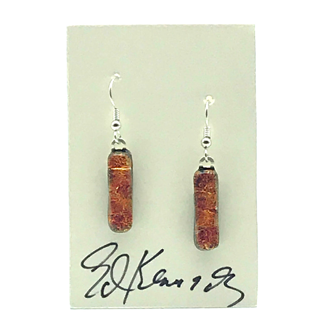 Dichroic Glass Earrings, Narrow Rectangular Orange Sparkle - Side Street Studio
